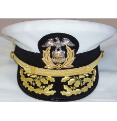 Hand Embroidered White Navy Peak Cap